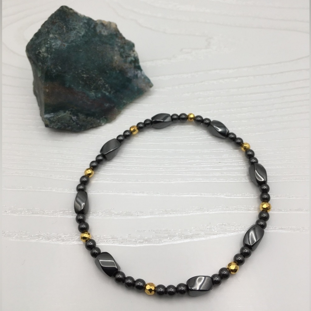 HANDCRAFTED Hematite & Faceted Gold Plated Hematite Stretch Ankle Bracelet